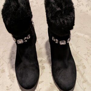 Adrienne Vittadini black suede fur trimmed jewels ankle booties, size 8M